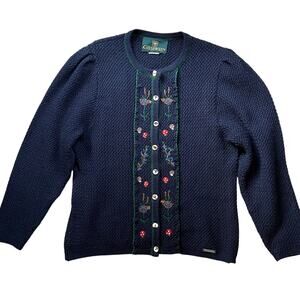 Vtg Giesswein Wool Cardigan Womens 14 Navy Blue Antler Button Mushrooms Austrian